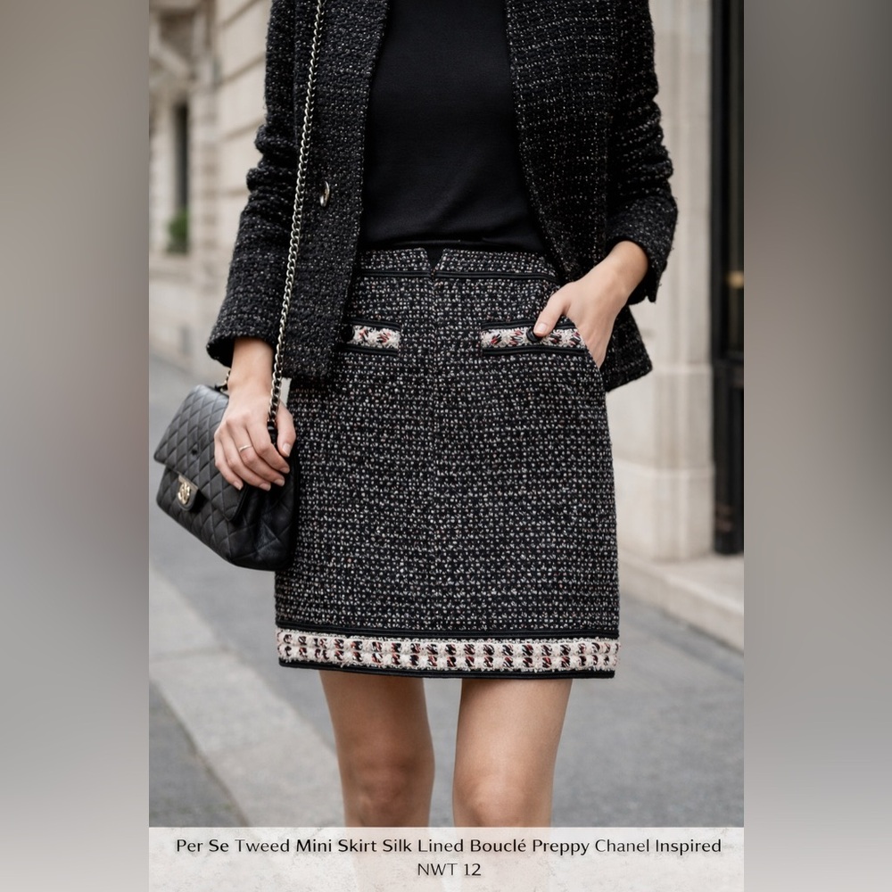 Per Se Tweed Mini Skirt Silk Lined Bouclé Preppy Off Duty Model NWT 12 Parisian